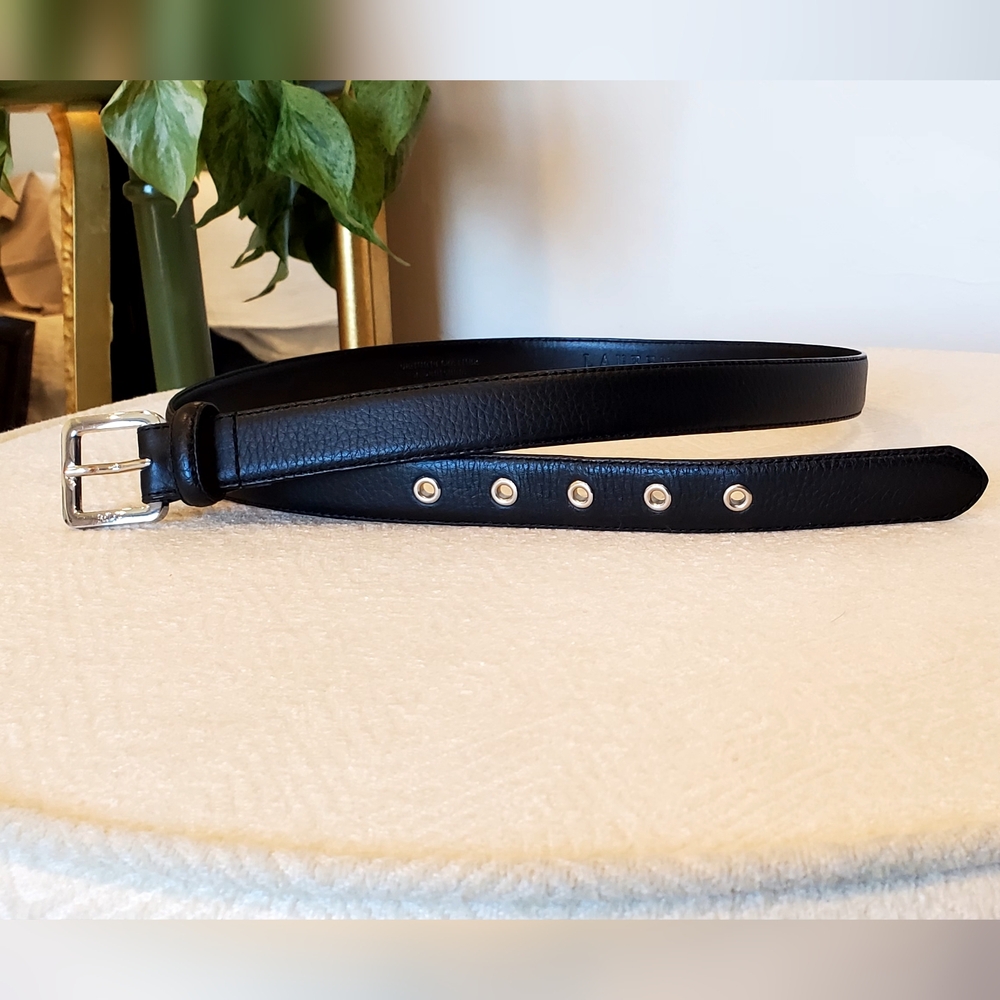 Ralph Lauren Black Leather Silver Monogram Buckle Silver Grommet Belt Lg EUC - Picture 2 of 16